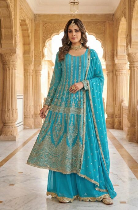Turquoise Embroidered Party Wear Suit