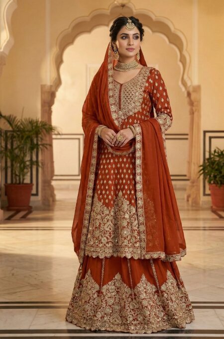 Rust Orange Intricate Zari Work Party Wear