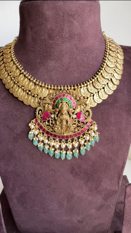 Goddess Lakshmi Double-Layer Antique Kasu Mala with Jadau Kundan Pendant